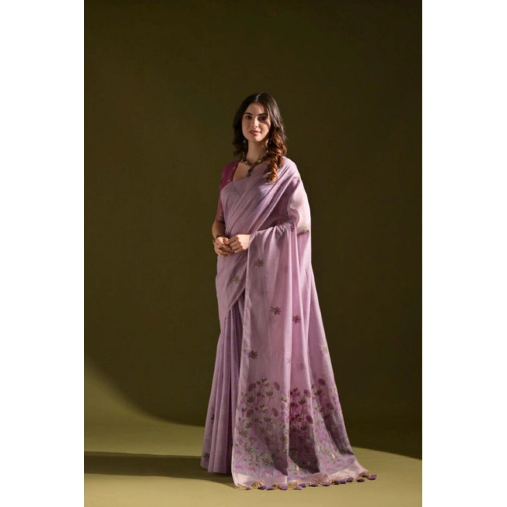 Seduva Women's Blended_Cotton Floral Saree With Unstitched Blouse 5.5Mtr (Lavender)