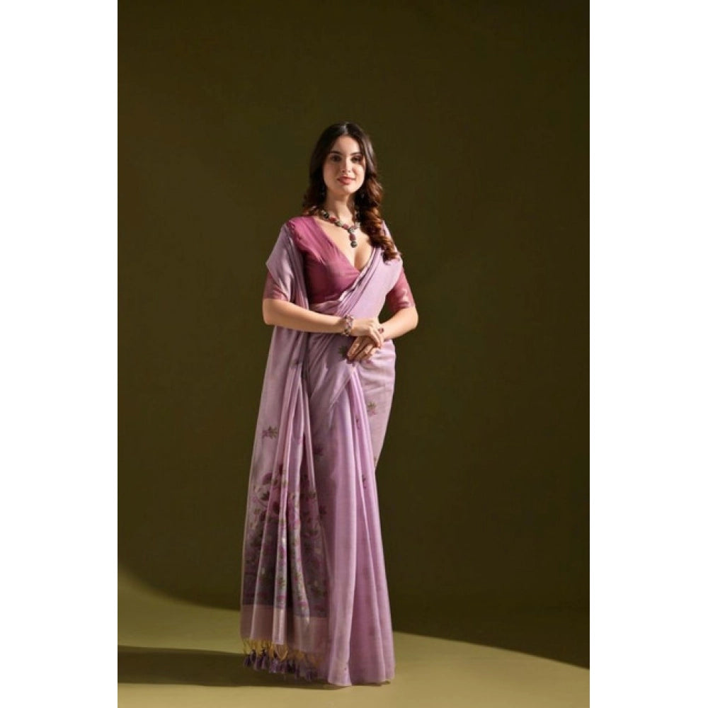 Seduva Women's Blended_Cotton Floral Saree With Unstitched Blouse 5.5Mtr (Lavender)