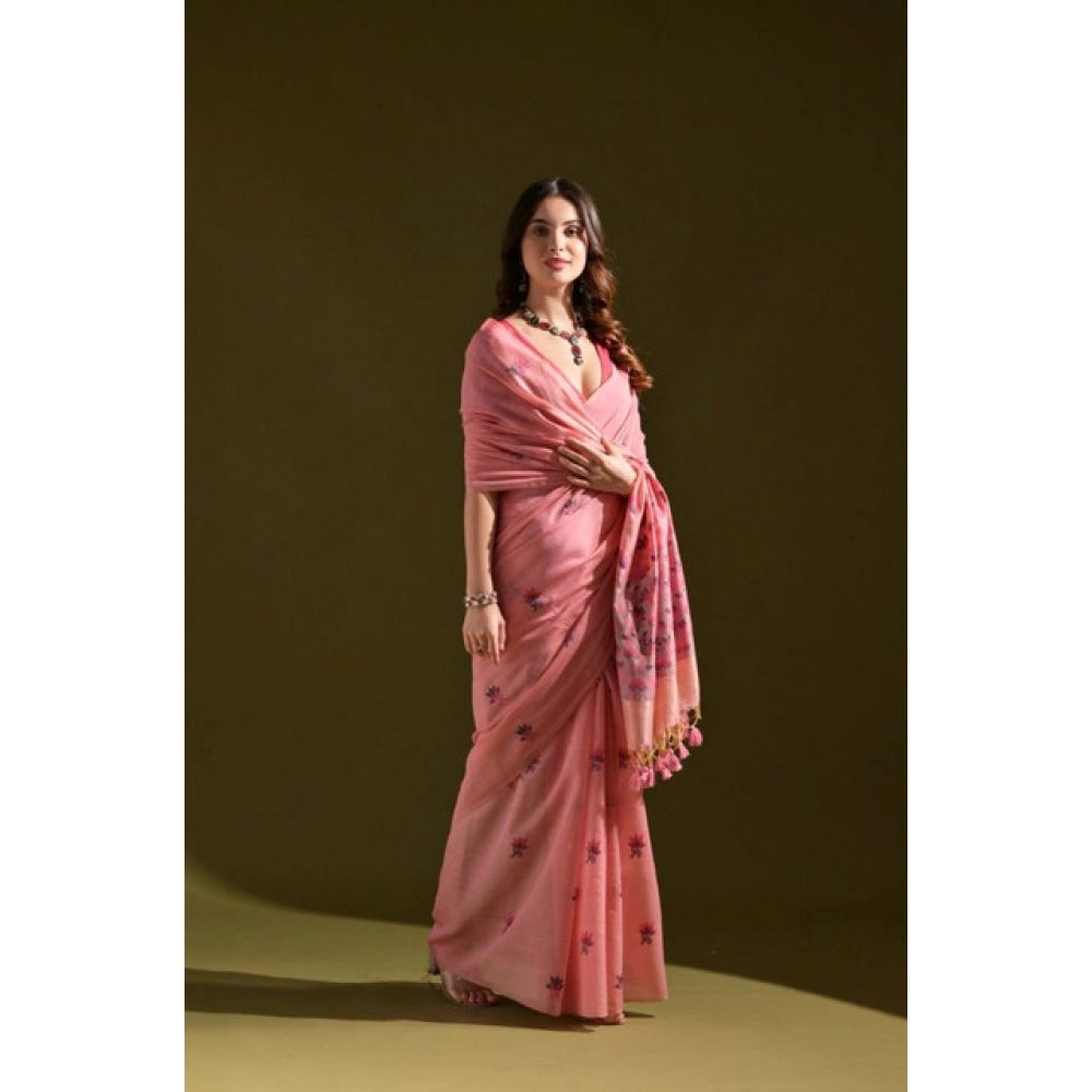 Seduva Women's Blended_Cotton Floral Saree With Unstitched Blouse 5.5Mtr (Pink)