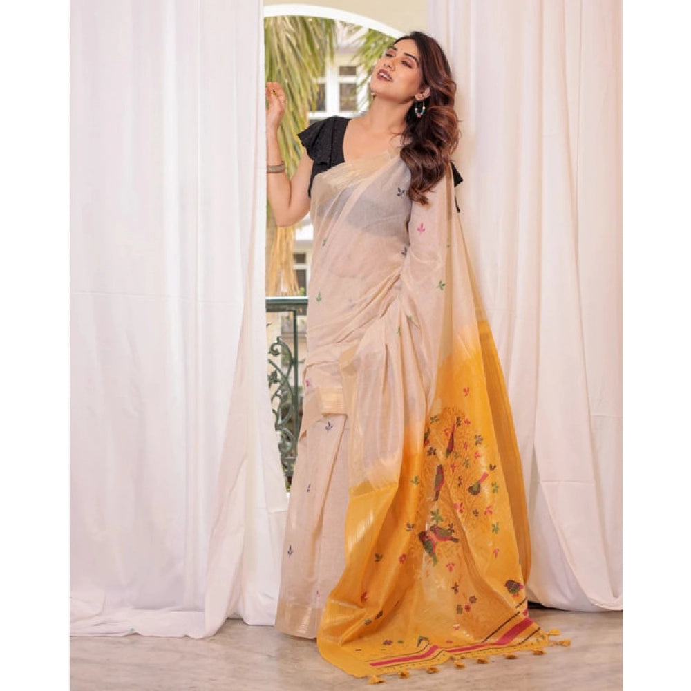 Seduva Women's Blended_Cotton Woven_Motifs Saree With Unstitched Blouse 5.5Mtr (Yellow)