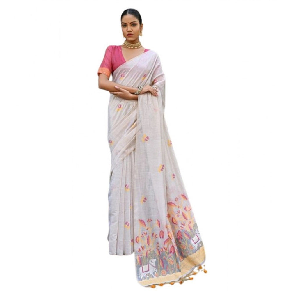 Seduva Women's Blended_Cotton Floral Weaving Pattern Saree With Unstitched Blouse 5.5Mtr (Yellow)
