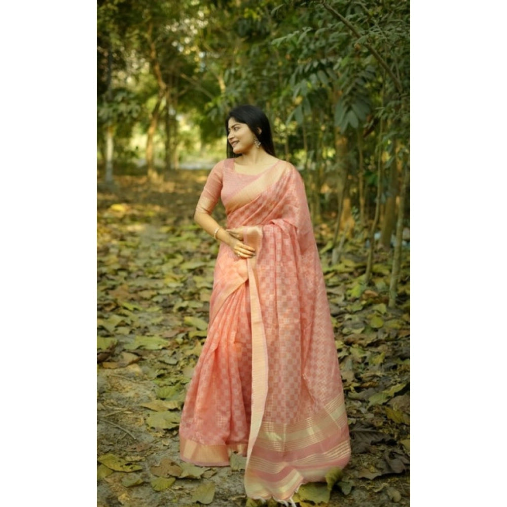 Seduva Women's Silk_Blend Checked Saree With Unstitched Blouse 5.5Mtr (Peach)
