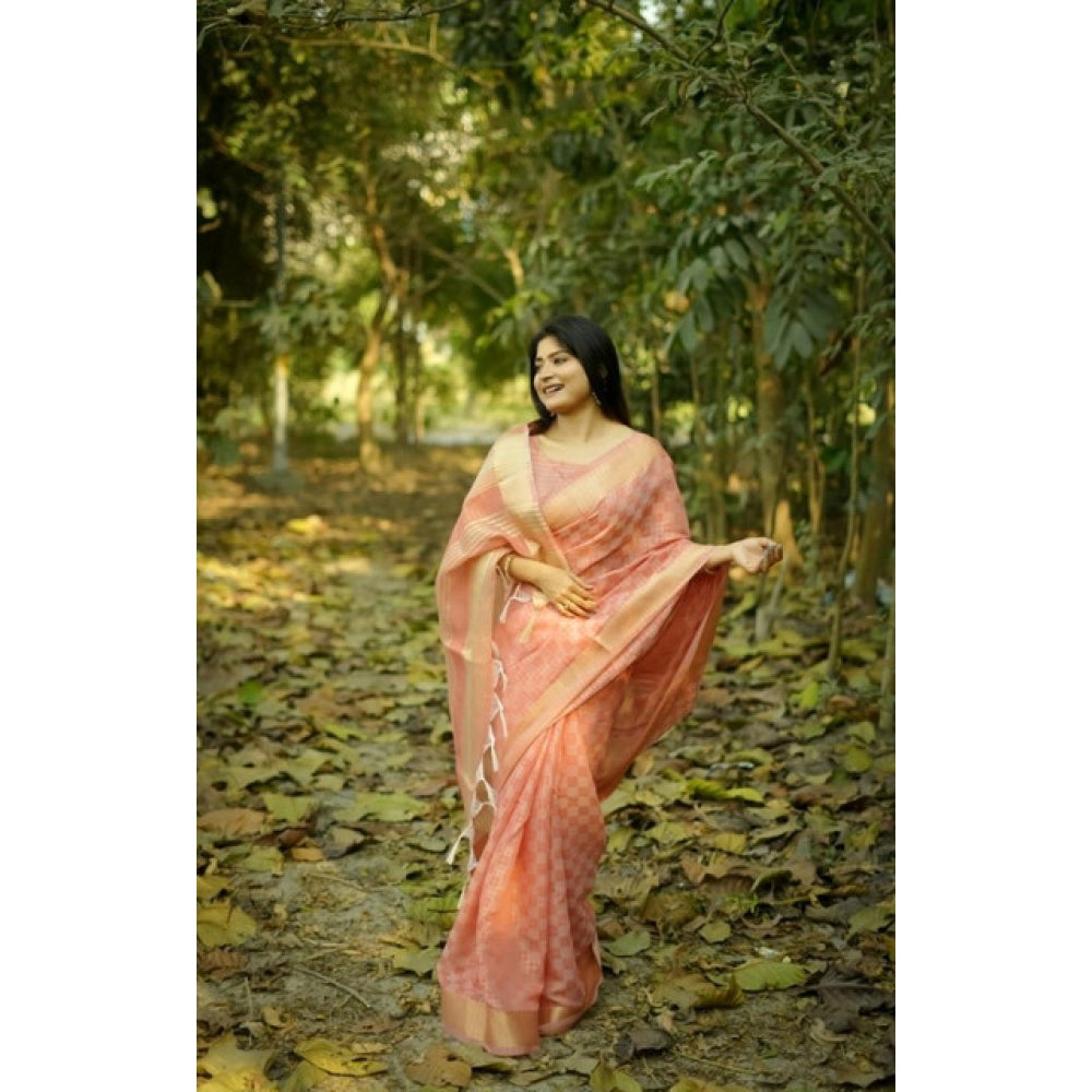 Seduva Women's Silk_Blend Checked Saree With Unstitched Blouse 5.5Mtr (Peach)