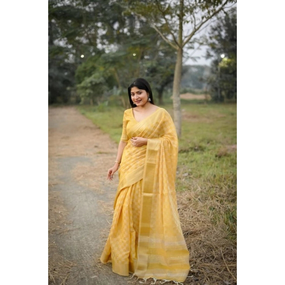 Seduva Women's Silk_Blend Checked Saree With Unstitched Blouse 5.5Mtr (Yellow)