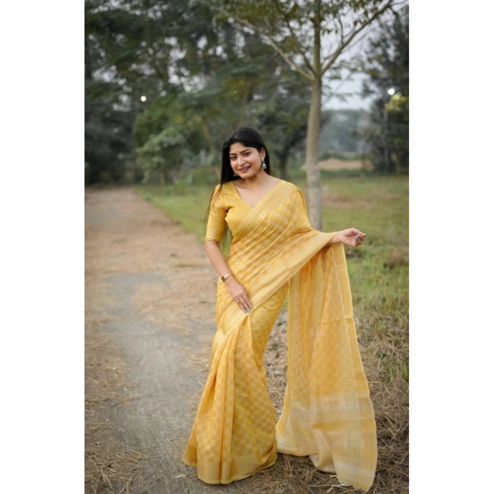 Seduva Women's Silk_Blend Checked Saree With Unstitched Blouse 5.5Mtr (Yellow)