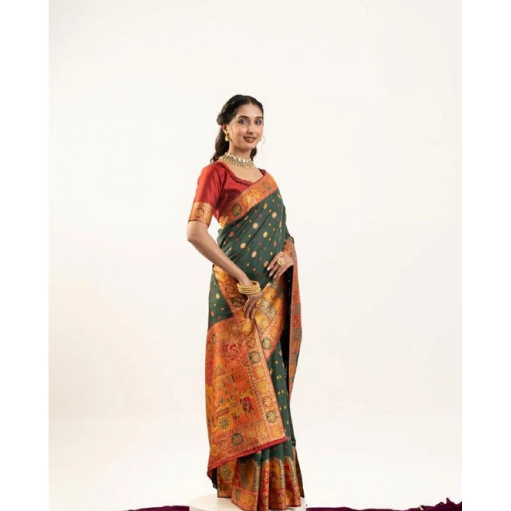 Seduva Women's Faux_Banarasi Woven Motifs Saree With Unstitched Blouse 5.5Mtr (Dark_Green)