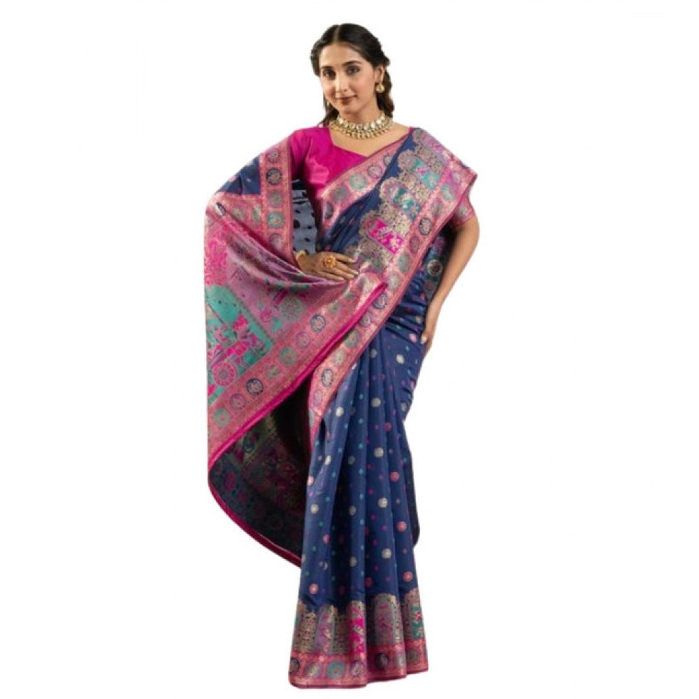 Seduva Women's Faux_Banarasi Woven Motifs Saree With Unstitched Blouse 5.5Mtr (Navy_Blue)