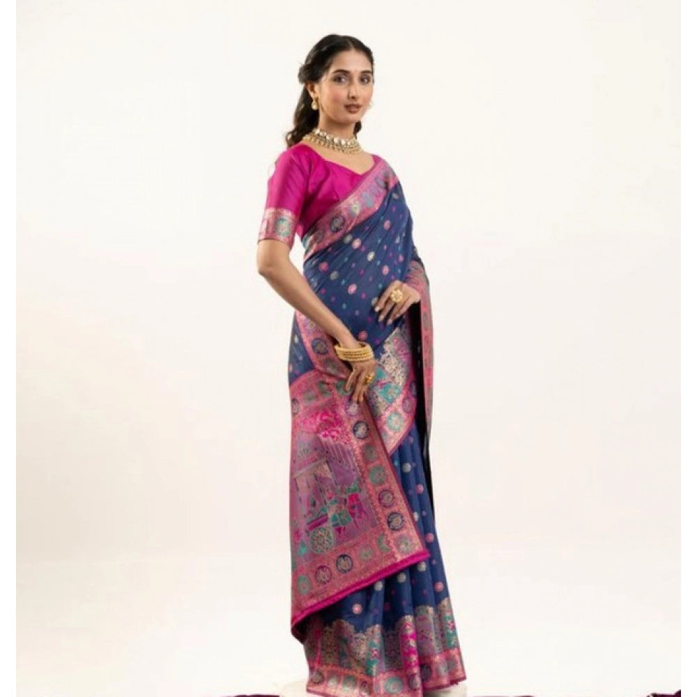 Seduva Women's Faux_Banarasi Woven Motifs Saree With Unstitched Blouse 5.5Mtr (Navy_Blue)