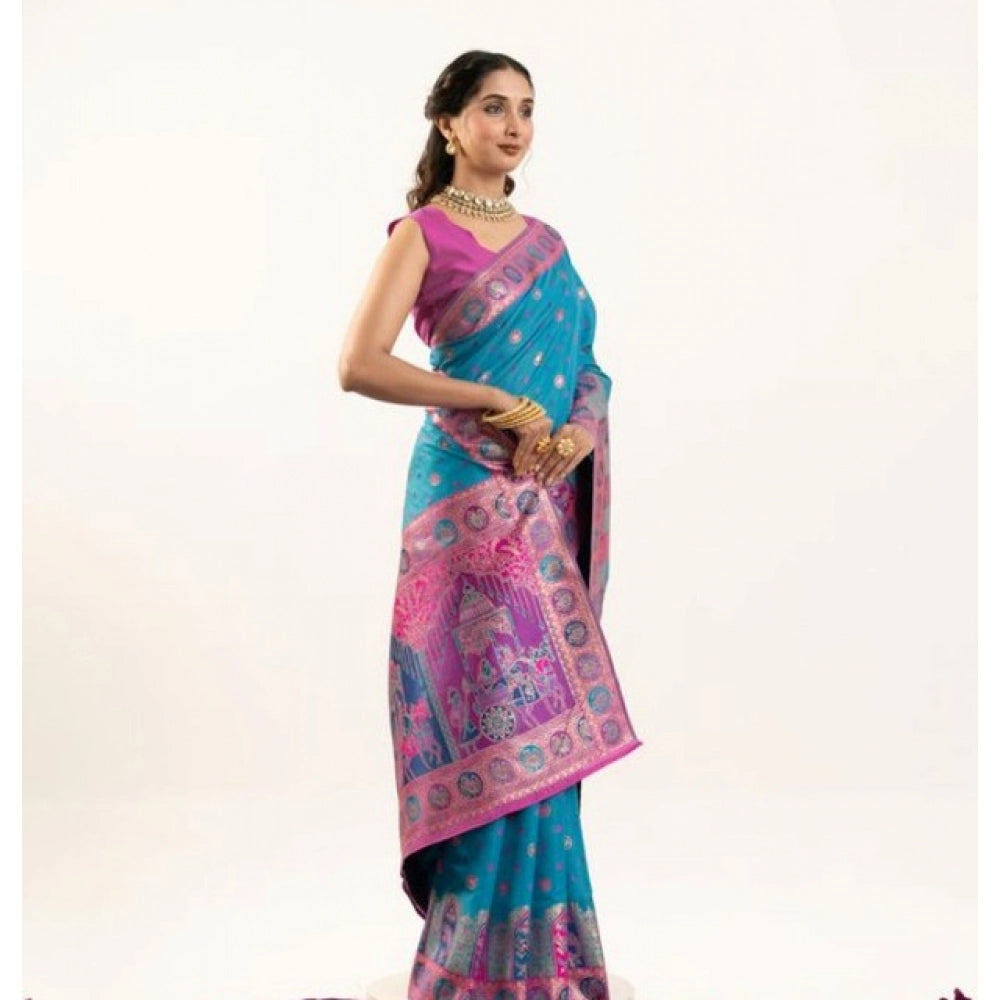 Seduva Women's Faux_Banarasi Woven Motifs Saree With Unstitched Blouse 5.5Mtr (Teal)