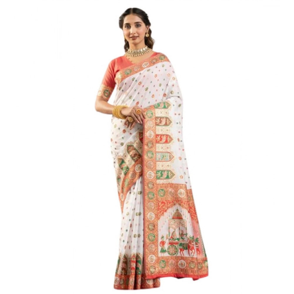 Seduva Women's Faux_Banarasi Woven Motifs Saree With Unstitched Blouse 5.5Mtr (White)
