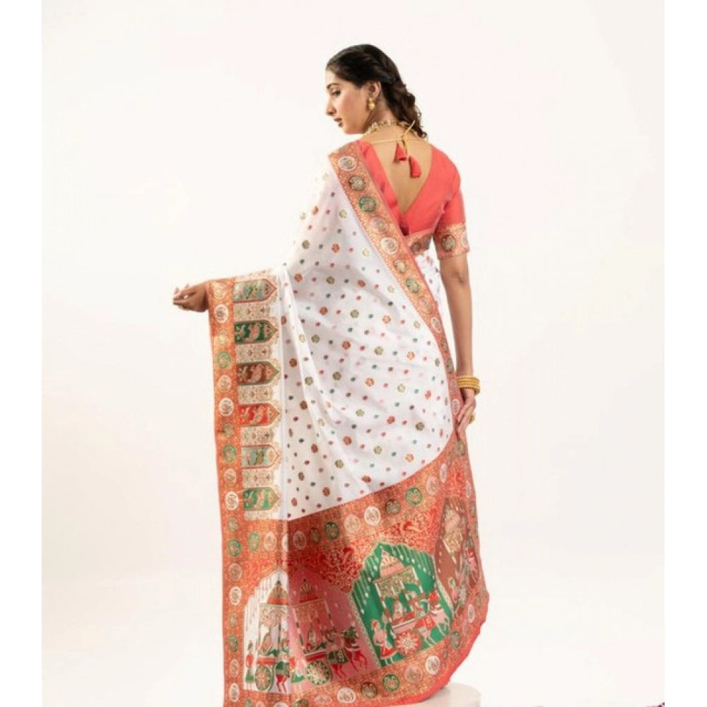 Seduva Women's Faux_Banarasi Woven Motifs Saree With Unstitched Blouse 5.5Mtr (White)