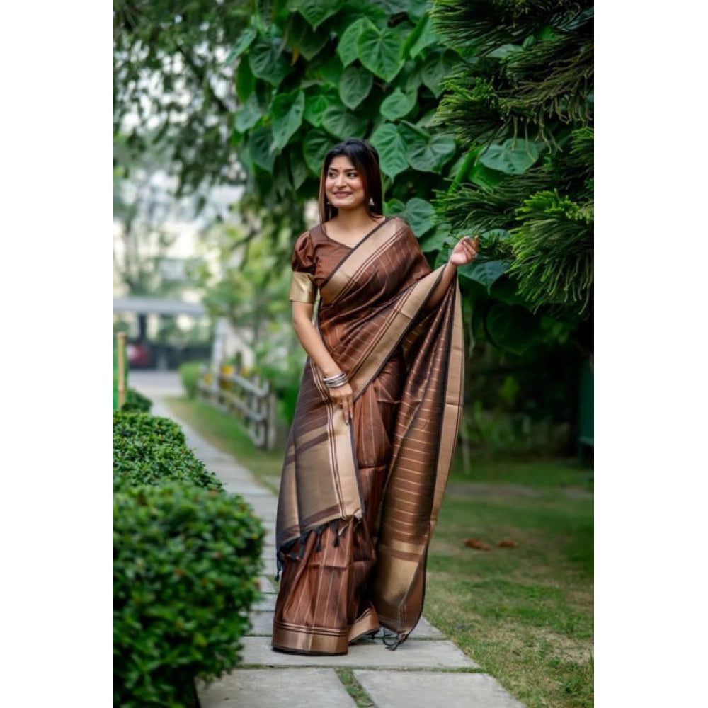Seduva Women's Faux_Banarasi Lining Pattern Saree With Unstitched Blouse 5.5Mtr (Light_Brown)