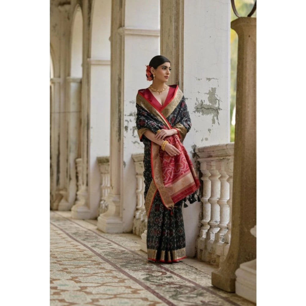 Seduva Women's Silk_Blend Ethnic Ikat Pattern Saree With Unstitched Blouse 5.5Mtr (Black)
