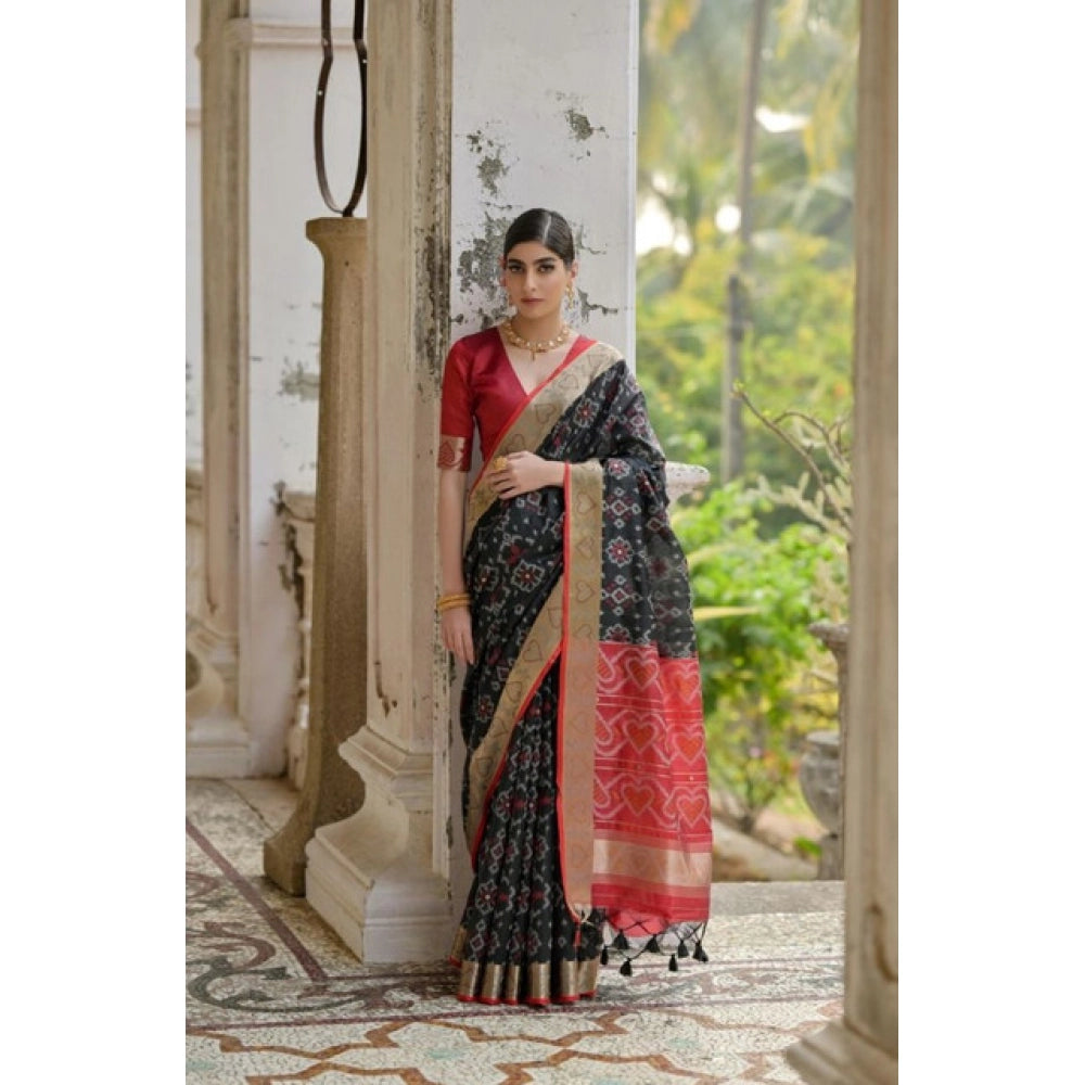 Seduva Women's Silk_Blend Ethnic Ikat Pattern Saree With Unstitched Blouse 5.5Mtr (Black)