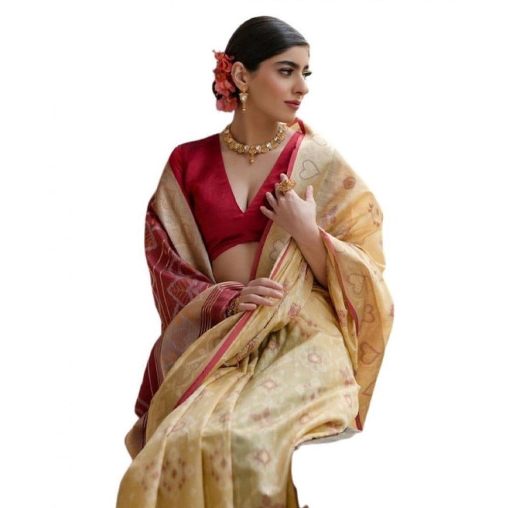 Seduva Women's Silk_Blend Ethnic Ikat Pattern Saree With Unstitched Blouse 5.5Mtr (Cream)