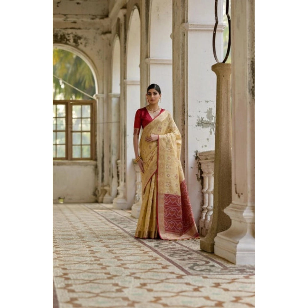 Seduva Women's Silk_Blend Ethnic Ikat Pattern Saree With Unstitched Blouse 5.5Mtr (Cream)