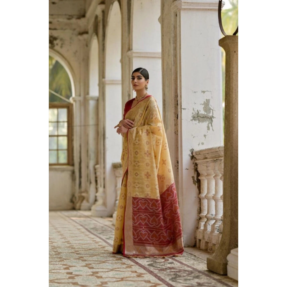 Seduva Women's Silk_Blend Ethnic Ikat Pattern Saree With Unstitched Blouse 5.5Mtr (Cream)