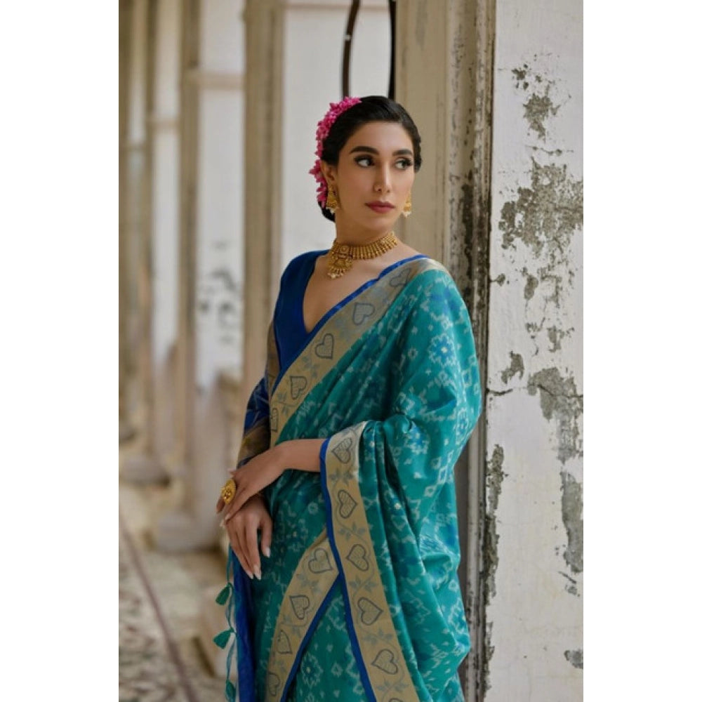Seduva Women's Silk_Blend Ethnic Ikat Pattern Saree With Unstitched Blouse 5.5Mtr (Teal)