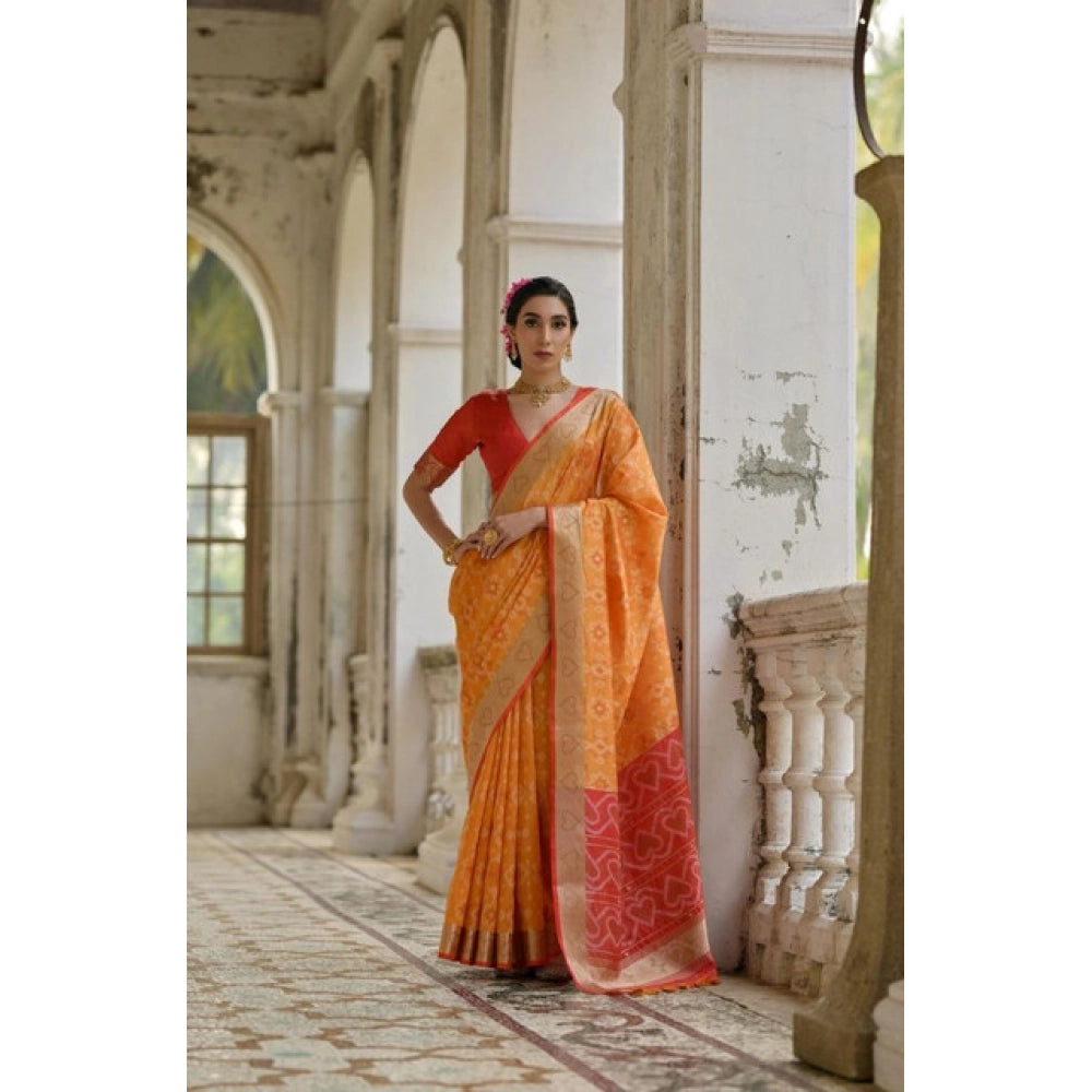 Seduva Women's Silk_Blend Ethnic Ikat Pattern Saree With Unstitched Blouse 5.5Mtr (Mustard)