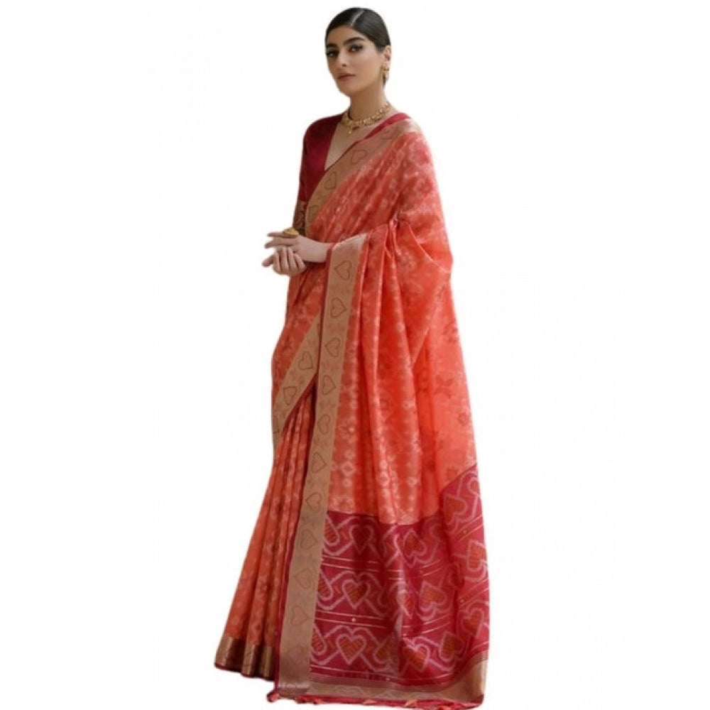 Seduva Women's Silk_Blend Ethnic Ikat Pattern Saree With Unstitched Blouse 5.5Mtr (Orange)
