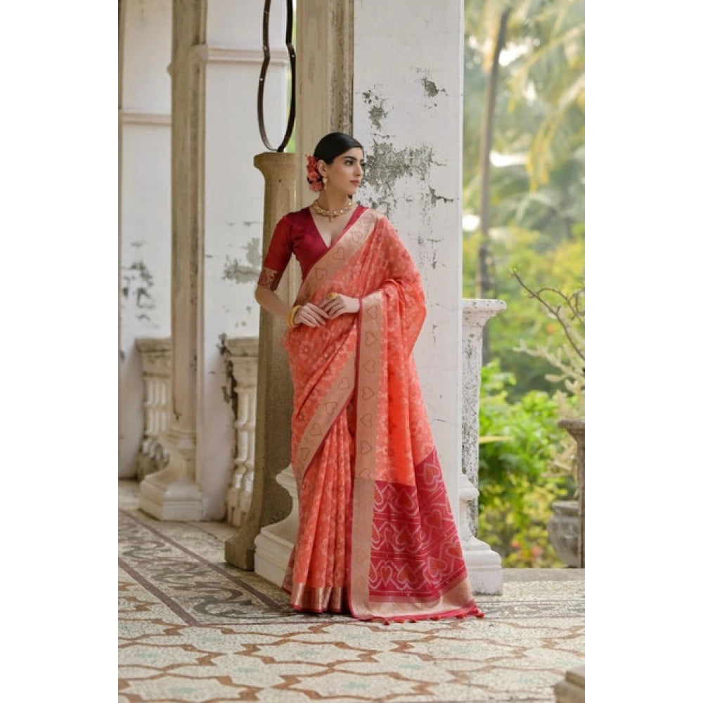 Seduva Women's Silk_Blend Ethnic Ikat Pattern Saree With Unstitched Blouse 5.5Mtr (Orange)