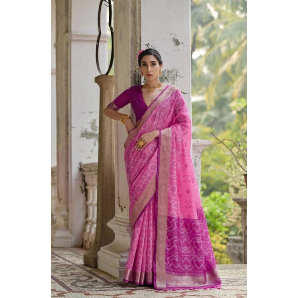 Seduva Women's Silk_Blend Ethnic Ikat Pattern Saree With Unstitched Blouse 5.5Mtr (Pink)