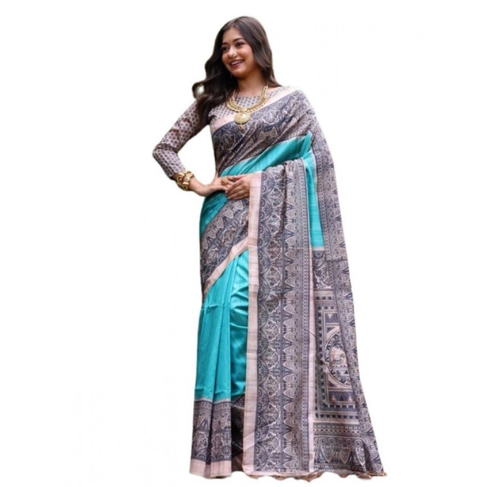 Seduva Women's Faux_Tussar Ethnic_Print Saree With Unstitched Blouse 5.5Mtr (Aqua_Blue)