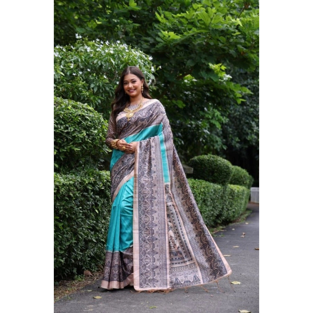Seduva Women's Faux_Tussar Ethnic_Print Saree With Unstitched Blouse 5.5Mtr (Aqua_Blue)
