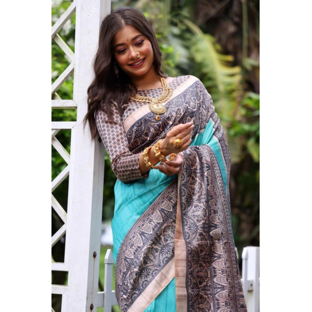 Seduva Women's Faux_Tussar Ethnic_Print Saree With Unstitched Blouse 5.5Mtr (Aqua_Blue)