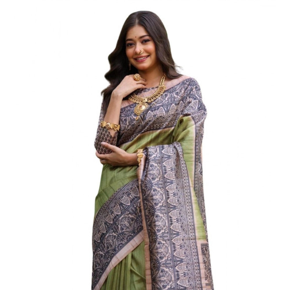 Seduva Women's Faux_Tussar Ethnic_Print Saree With Unstitched Blouse 5.5Mtr (Olive)