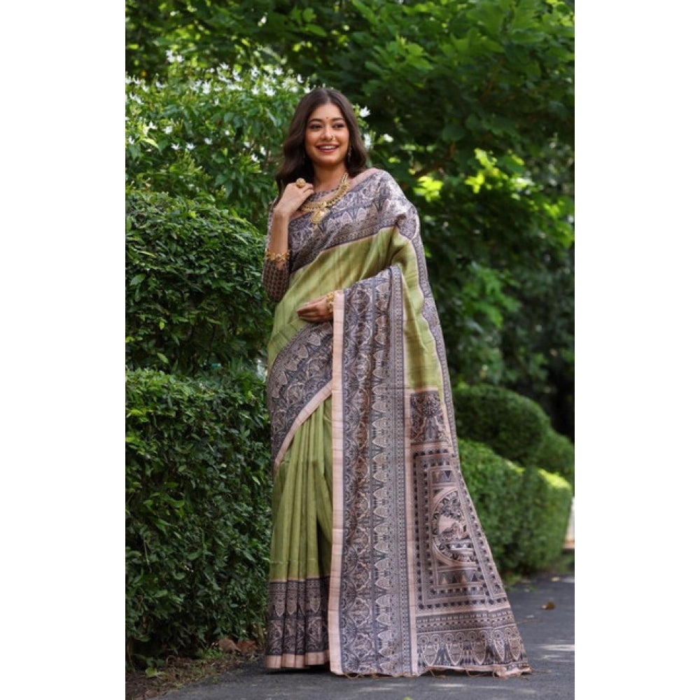 Seduva Women's Faux_Tussar Ethnic_Print Saree With Unstitched Blouse 5.5Mtr (Olive)