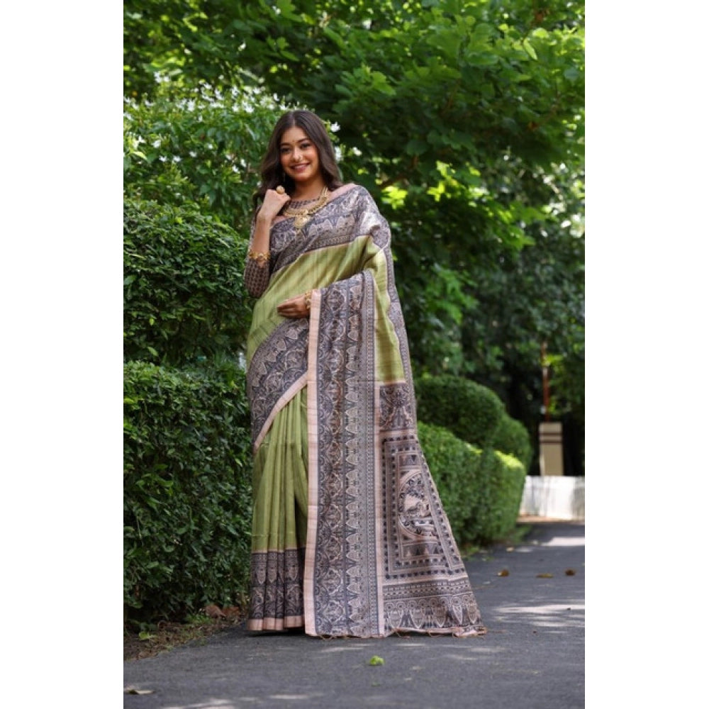 Seduva Women's Faux_Tussar Ethnic_Print Saree With Unstitched Blouse 5.5Mtr (Olive)
