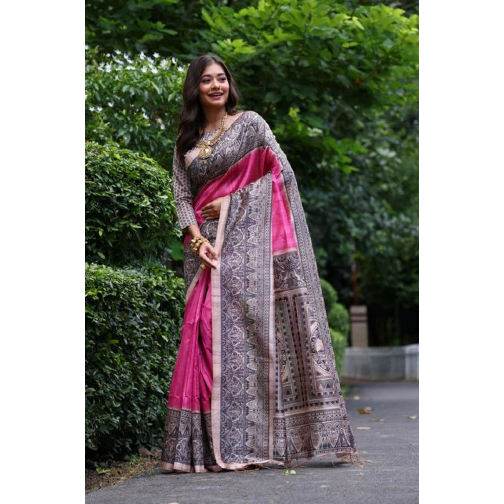 Seduva Women's Faux_Tussar Ethnic_Print Saree With Unstitched Blouse 5.5Mtr (Pink)