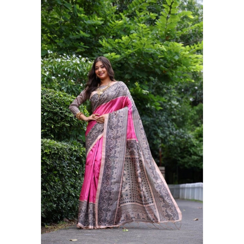 Seduva Women's Faux_Tussar Ethnic_Print Saree With Unstitched Blouse 5.5Mtr (Pink)