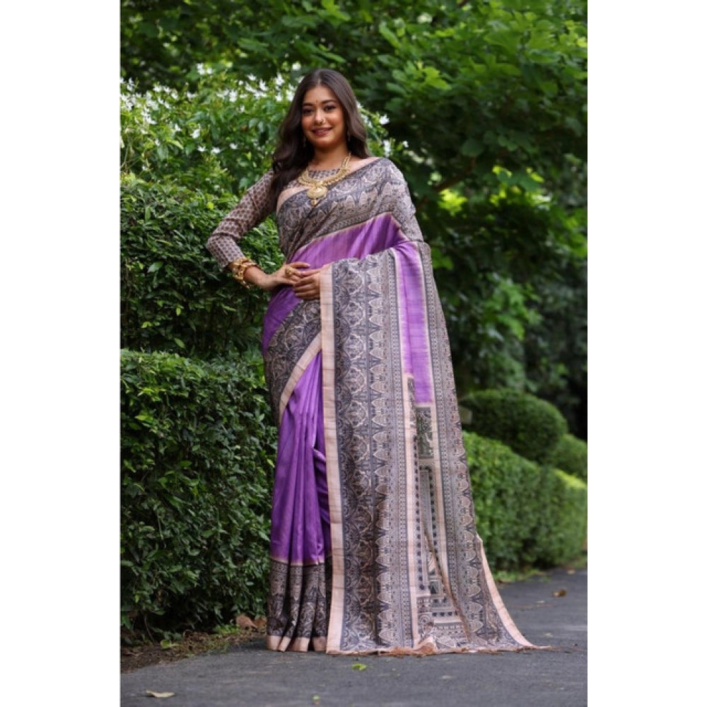 Seduva Women's Faux_Tussar Ethnic_Print Saree With Unstitched Blouse 5.5Mtr (Purple)