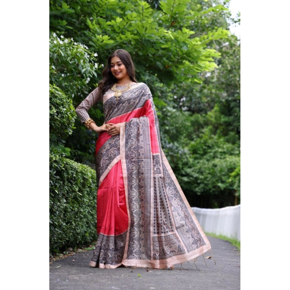 Seduva Women's Faux_Tussar Ethnic_Print Saree With Unstitched Blouse 5.5Mtr (Red)