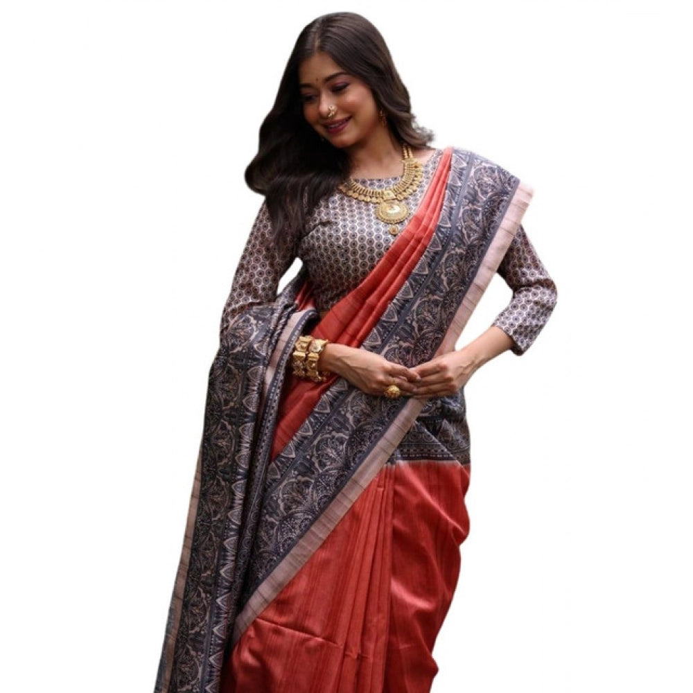 Seduva Women's Faux_Tussar Ethnic_Print Saree With Unstitched Blouse 5.5Mtr (Rust)