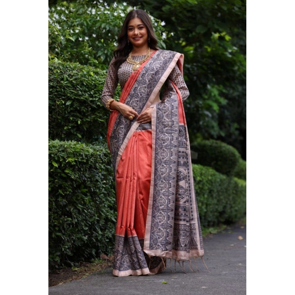 Seduva Women's Faux_Tussar Ethnic_Print Saree With Unstitched Blouse 5.5Mtr (Rust)