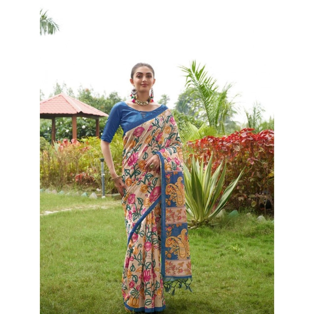 Seduva Women's Faux_Tussar Kalamkari_Print Saree With Unstitched Blouse 5.5Mtr (Blue)