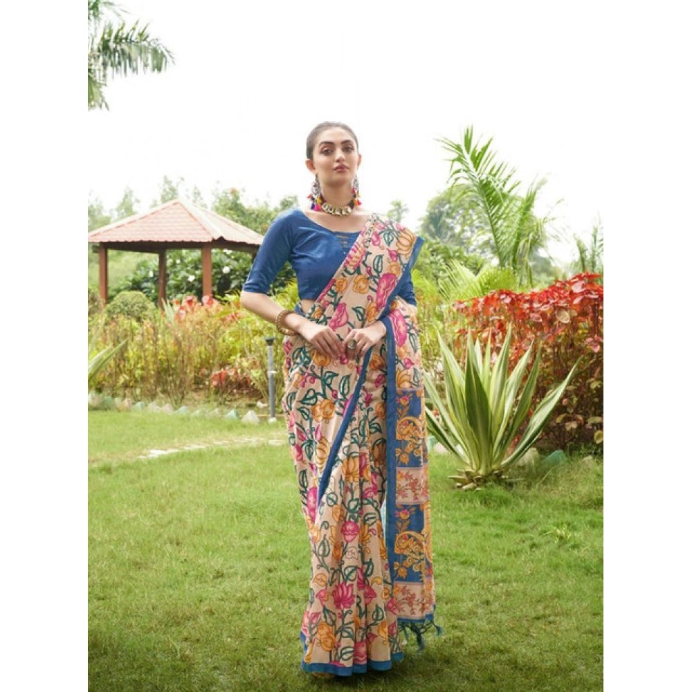 Seduva Women's Faux_Tussar Kalamkari_Print Saree With Unstitched Blouse 5.5Mtr (Blue)