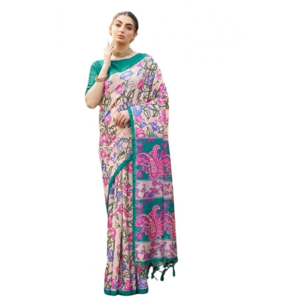 Seduva Women's Faux_Tussar Kalamkari_Print Saree With Unstitched Blouse 5.5Mtr (Green)