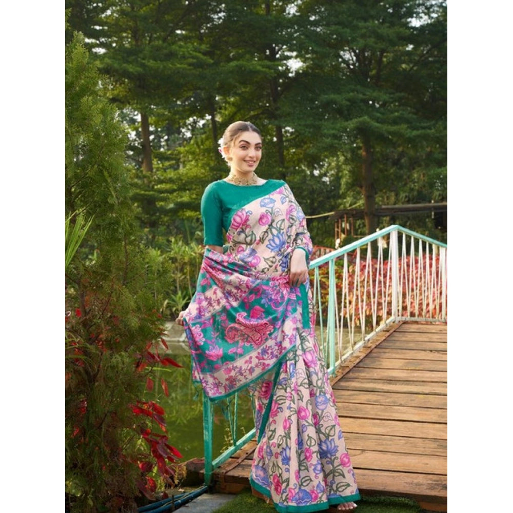 Seduva Women's Faux_Tussar Kalamkari_Print Saree With Unstitched Blouse 5.5Mtr (Green)