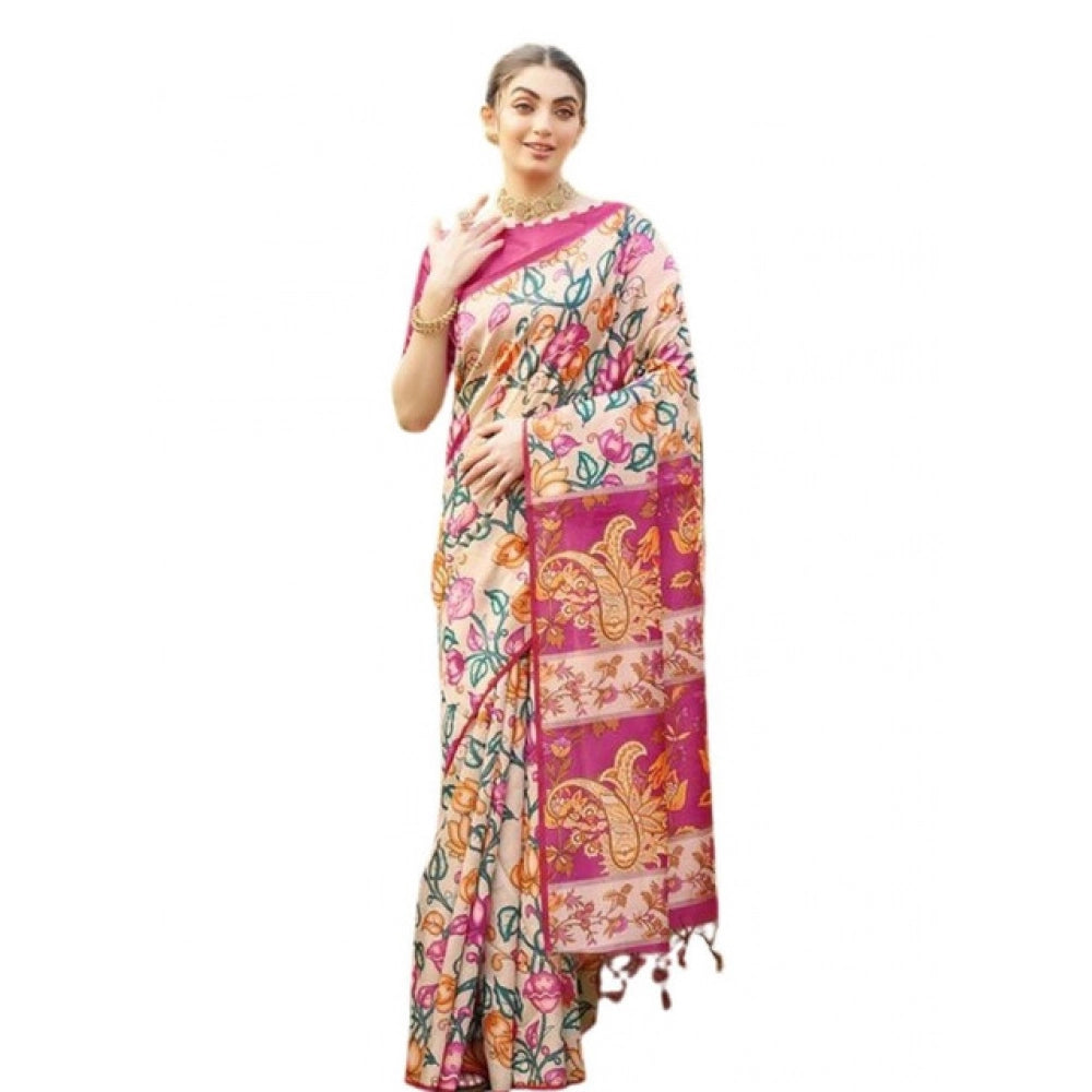 Seduva Women's Faux_Tussar Kalamkari_Print Saree With Unstitched Blouse 5.5Mtr (Pink)