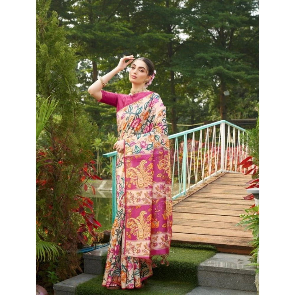 Seduva Women's Faux_Tussar Kalamkari_Print Saree With Unstitched Blouse 5.5Mtr (Pink)