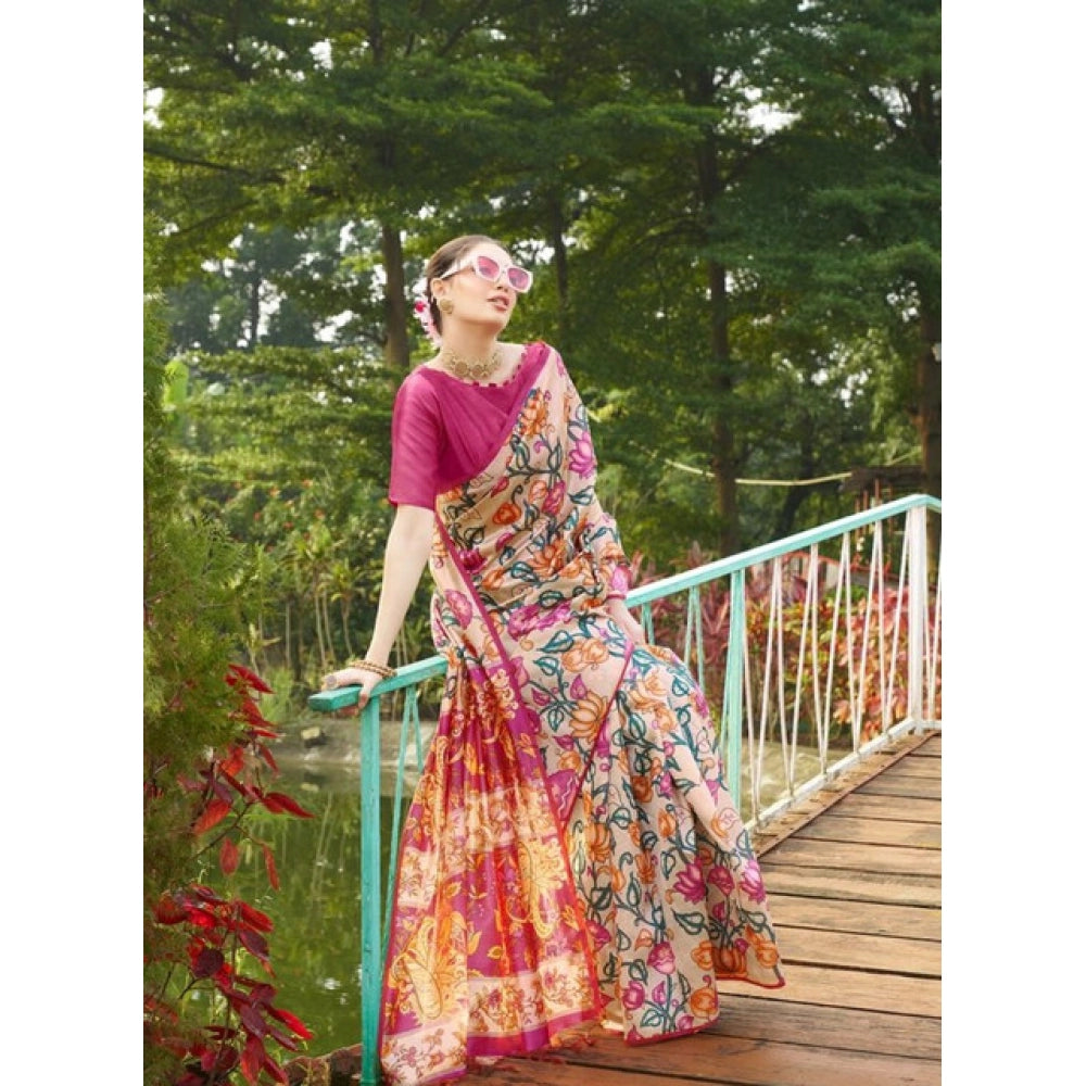 Seduva Women's Faux_Tussar Kalamkari_Print Saree With Unstitched Blouse 5.5Mtr (Pink)