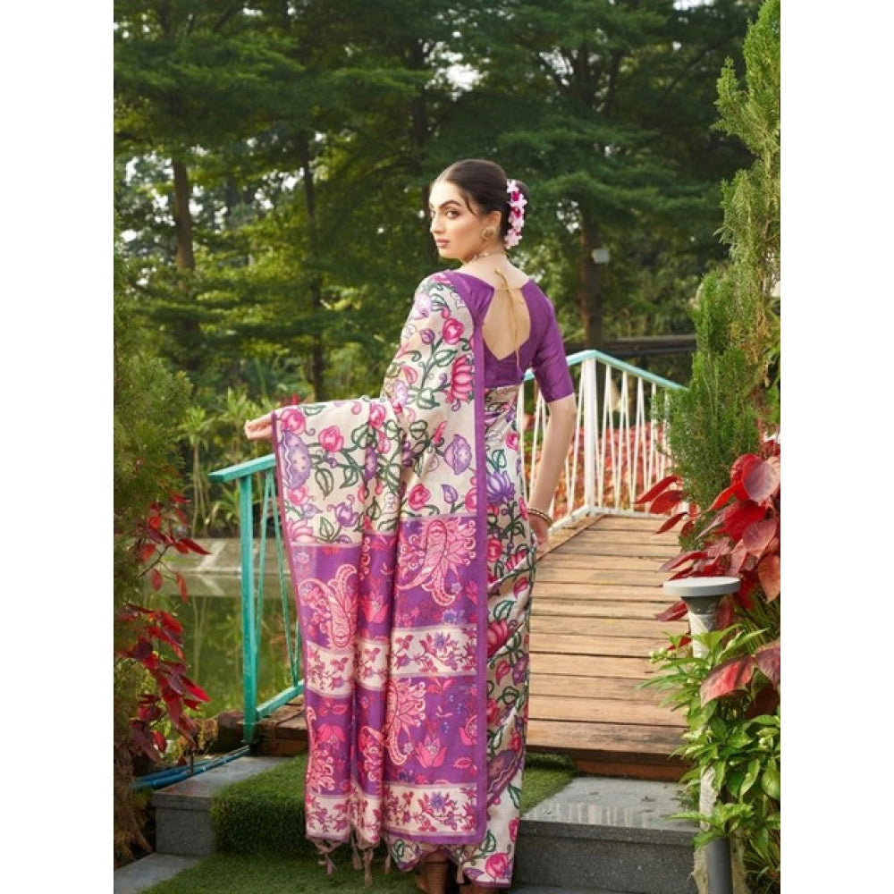 Seduva Women's Faux_Tussar Kalamkari_Print Saree With Unstitched Blouse 5.5Mtr (Purple)