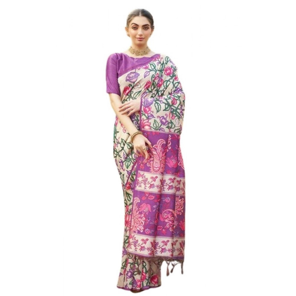 Seduva Women's Faux_Tussar Kalamkari_Print Saree With Unstitched Blouse 5.5Mtr (Purple)
