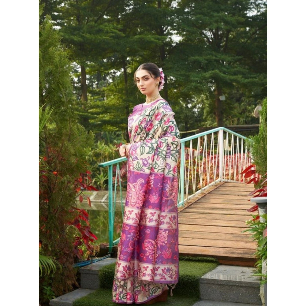 Seduva Women's Faux_Tussar Kalamkari_Print Saree With Unstitched Blouse 5.5Mtr (Purple)
