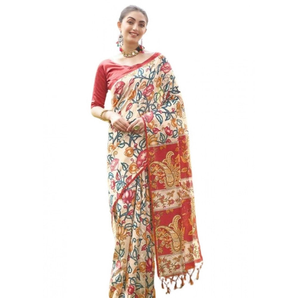 Seduva Women's Faux_Tussar Kalamkari_Print Saree With Unstitched Blouse 5.5Mtr (Red)