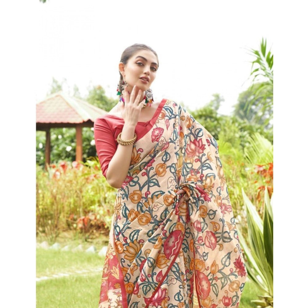 Seduva Women's Faux_Tussar Kalamkari_Print Saree With Unstitched Blouse 5.5Mtr (Red)